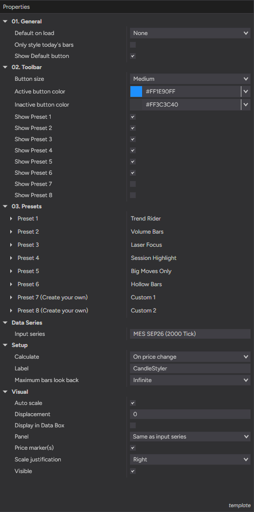 CandleStyler settings — General, Toolbar and all eight preset slots, from Trend Rider to the two custom slots