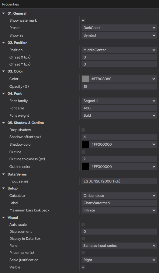 ChartWatermark settings — content, presets, position, style, shadow and outline
