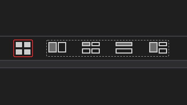 The chart toolbar magnified: the Multi Chart Layout button ringed in red and four pinned layouts beside it, 2 × 1, 2 × 2, 1 × 2 and 1 + 2