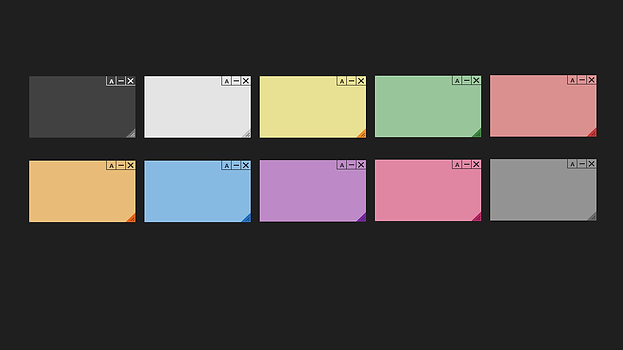 All ten note colors as open notes: black, white, yellow, green, red, orange, blue, purple, pink and gray, each with its A, minimize and close buttons