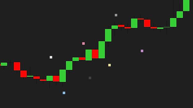 Seven notes minimized to small colored squares in gray, pink, purple, white, yellow, black and blue, placed around the bars of an ES rally