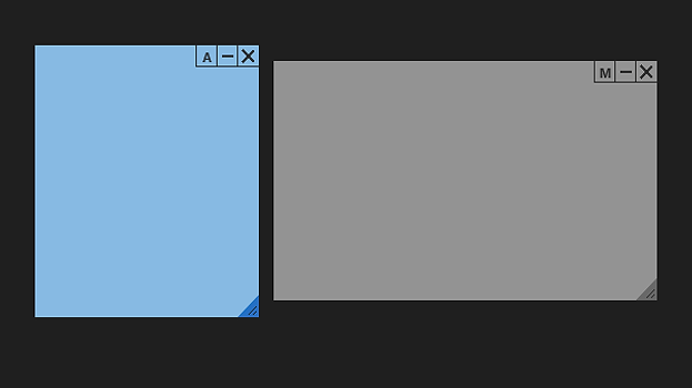 Two notes side by side, a blue one marked A for anchored and a gray one marked M for moving