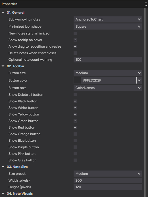 StickyNotes settings — general behavior, toolbar buttons and note size