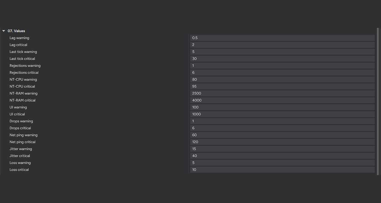 The Values group in SystemHUD's settings: a warning and a critical level for lag, last tick, rejections, NT-CPU, NT-RAM, UI, drops, net ping, jitter and loss