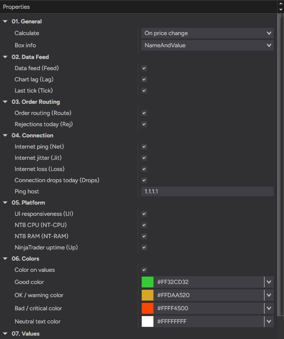 SystemHUD settings — General, Data Feed, Order Routing, Connection, Platform and Colors