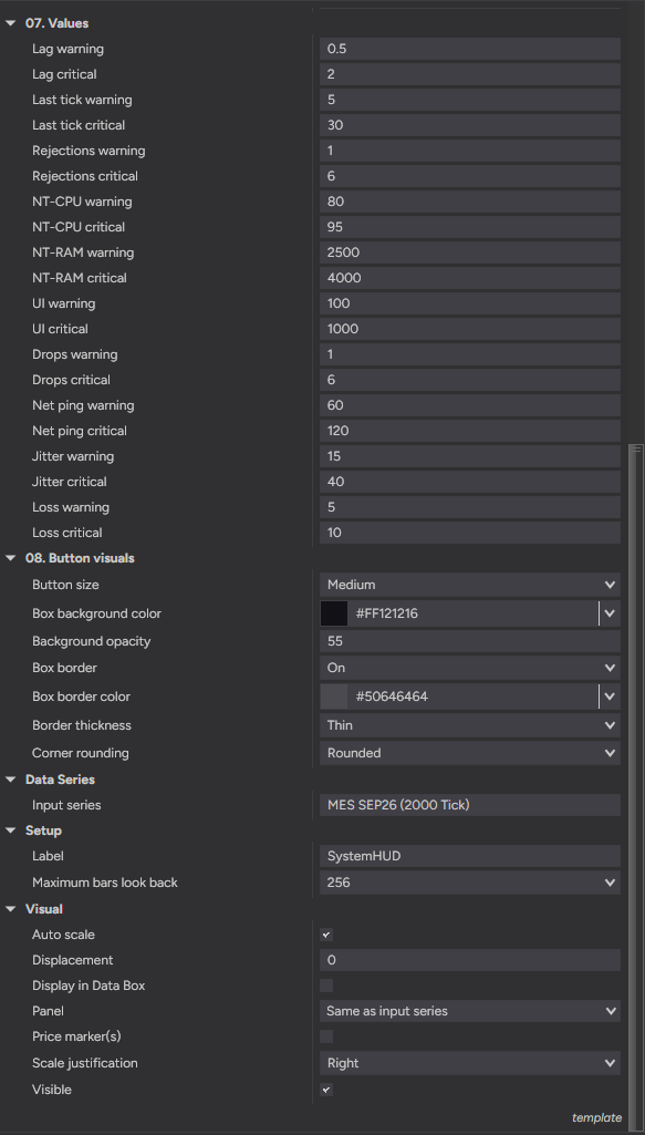 SystemHUD settings — per-metric warning and critical thresholds, plus box styling