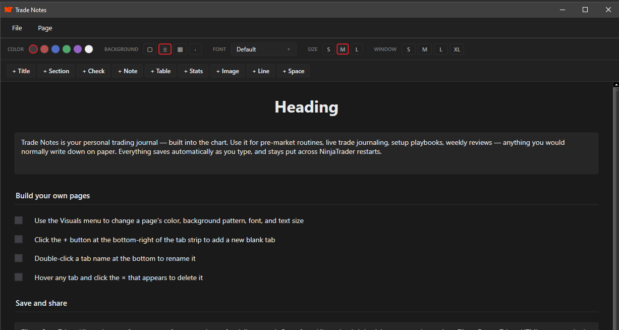 TradeNotes — rich journal pages with multiple element types