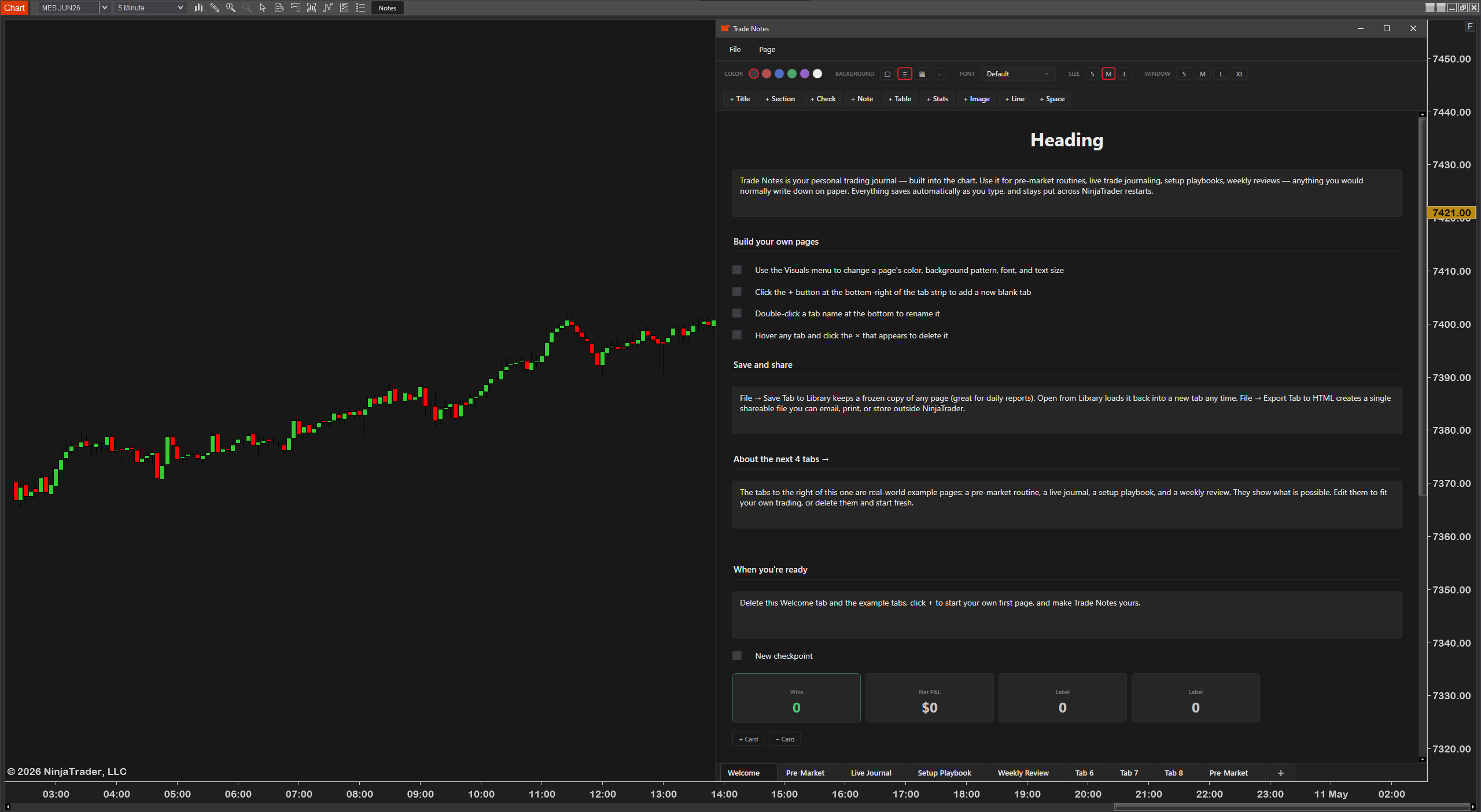 TradeNotes running on a NinjaTrader 8 chart
