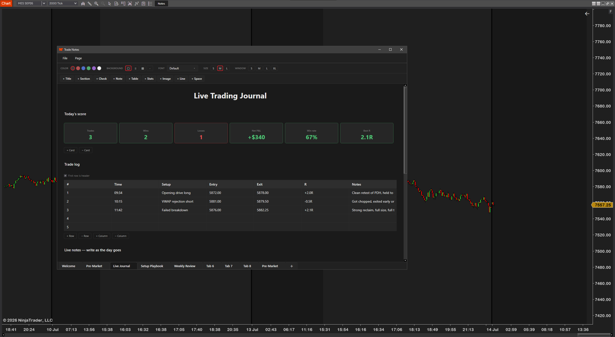 TradeNotes — trade log and notes side by side with the live chart