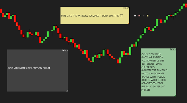 StickyNotes chart notes on a NinjaTrader 8 chart: a yellow, a gray and a green sticky note placed on the price chart