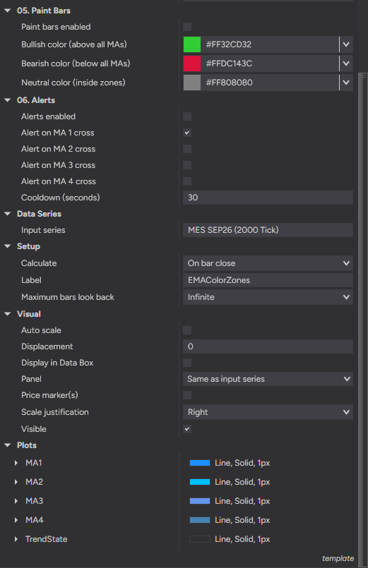 EMA Color Zones settings — color zones, paint bars and cross alerts