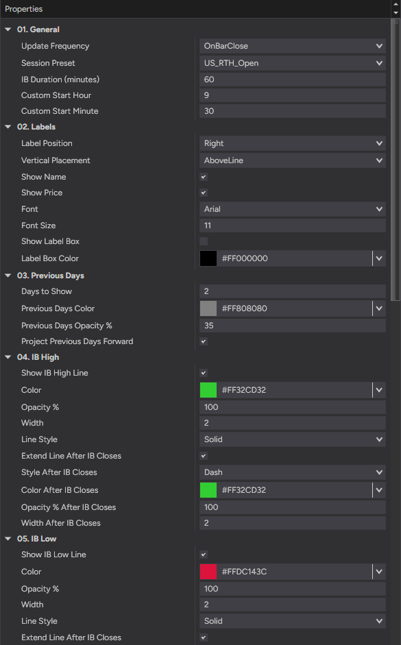 Live IB Range settings — session window, labels and the IB high and low lines