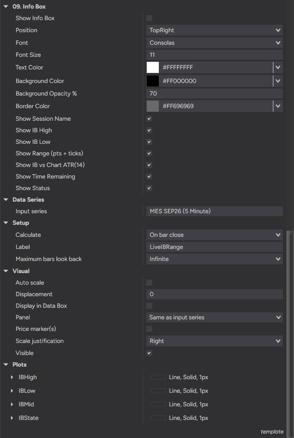 Live IB Range settings — live info box and Strategy Builder plots