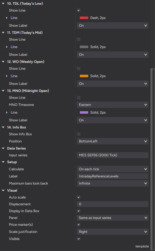 Intraday Reference Levels settings — opens, midnight timezone and the info box