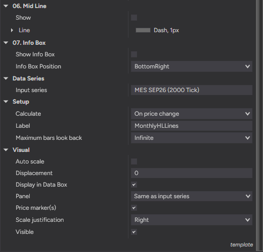 Monthly H/L Lines settings — labels, confluence detection and the info box