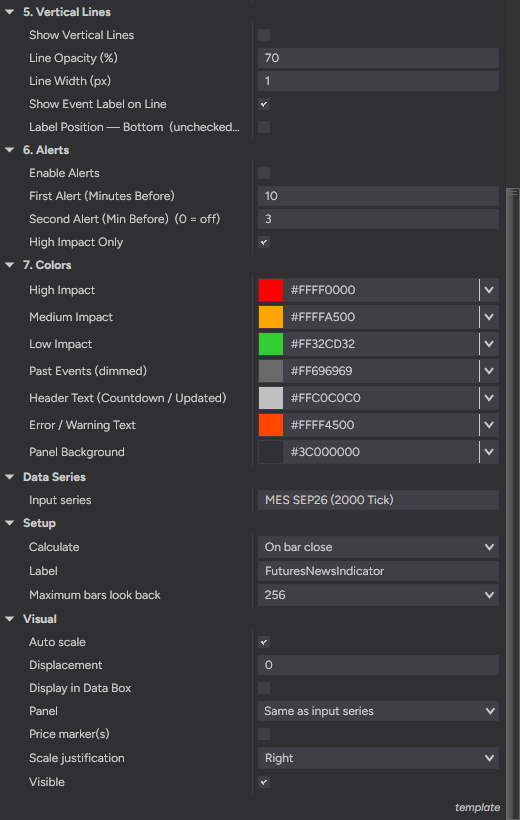 Futures News Indicator settings — instrument groups, impact filter, lines, alerts and colors