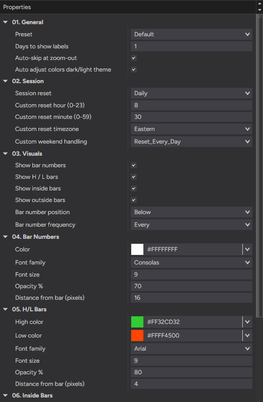 ProBarCounter settings — presets, bar numbering, session mode and markers
