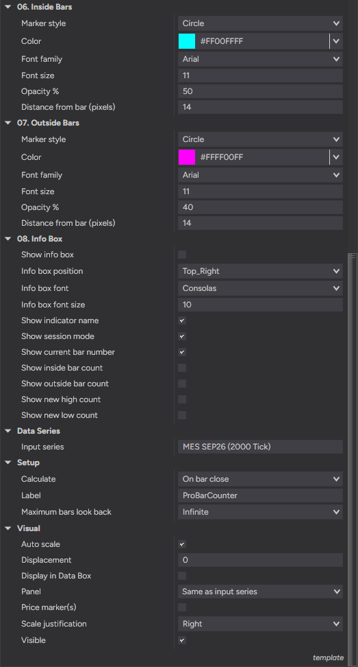 ProBarCounter settings — styling and the info box