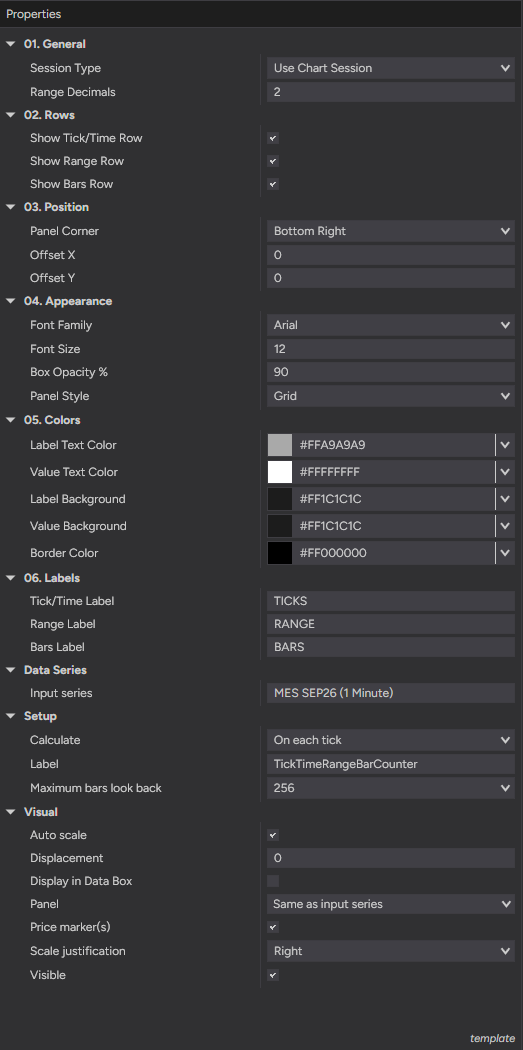 Tick/Time + Range + Bar Counter settings — all six groups: general, rows, position, appearance, colors and labels
