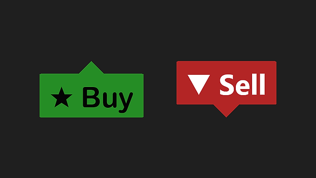 Two UT Bot Alerts marks close up: a green Buy mark with a star and black text, its pointer up toward the bar, and a red Sell mark with a triangle and white text, its pointer down