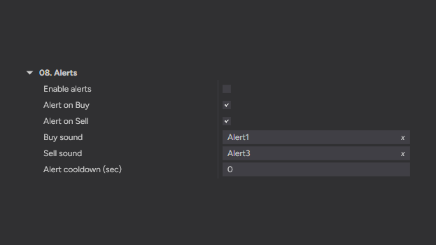 The 08. Alerts section of the UT Bot Alerts settings in NinjaTrader 8: Enable alerts, Alert on Buy, Alert on Sell, Buy sound Alert1, Sell sound Alert3 and Alert cooldown (sec) 0