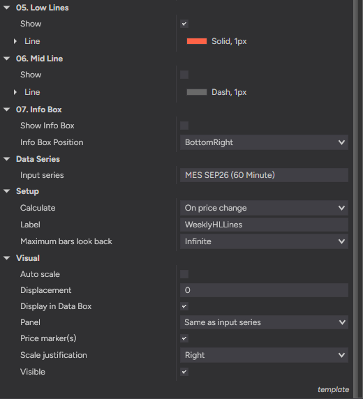 Weekly H/L Lines settings — labels, confluence detection and the info box