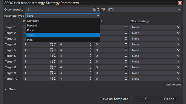 NinjaTrader’s ATM Strategy Parameters dialog with the parameter type list open, showing the five choices Currency, Percent, Price, Ticks and Pips, above ten target rows each with quantity, stop loss, profit and stop strategy